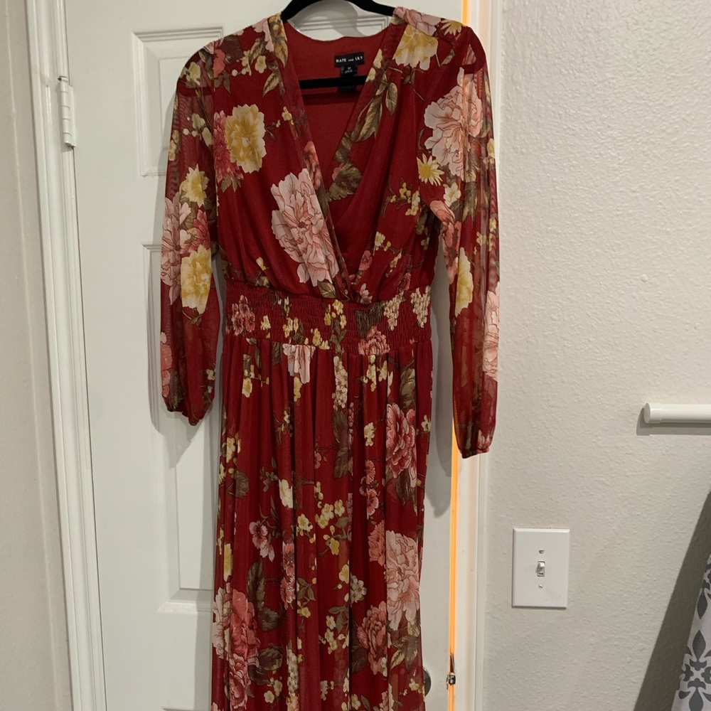 Maroon and floral maxi dress size lg